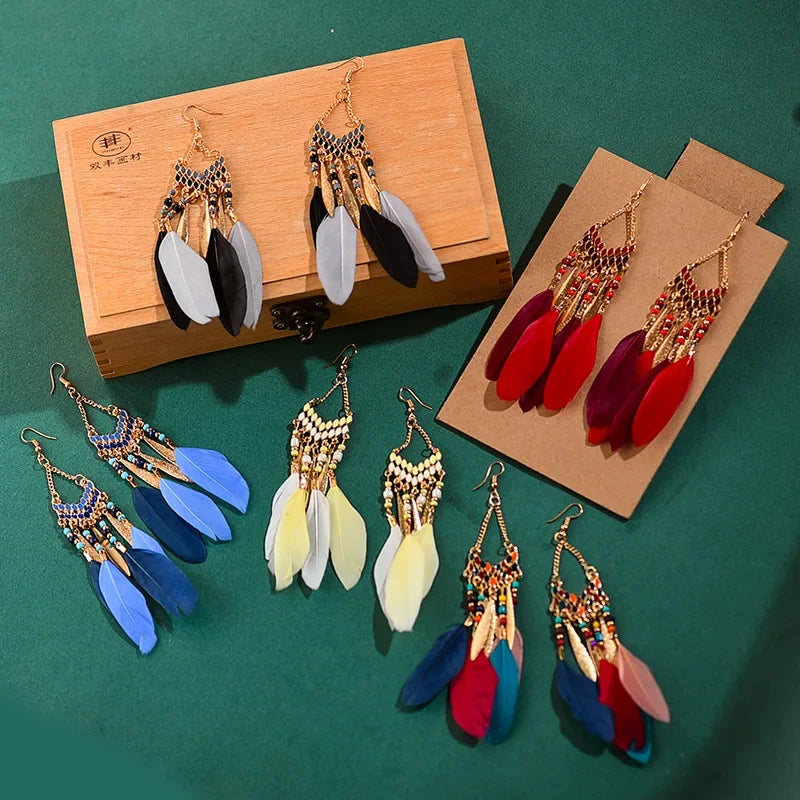 Bohemian Feather Dangle Earrings with Colorful Tassels - Smarsty