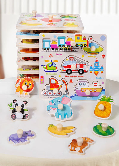 Wooden Puzzle Montessori Toys for Kids Cartoon Animal Traffic Hand Grab Boards Early Learning Educational Toys for Children - Smarsty