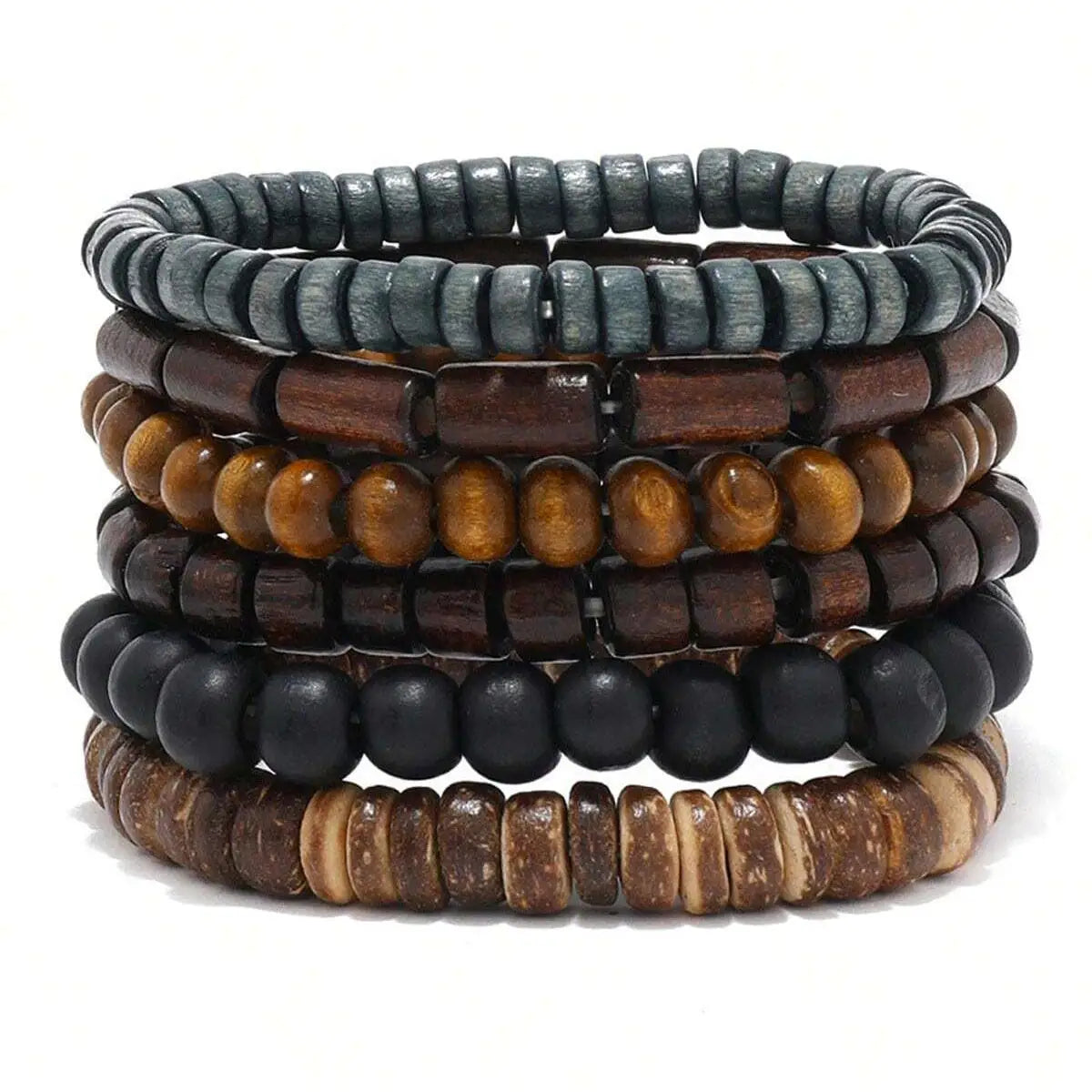 6PCS  Wodeen Braided Wrap Leather Bracelet for Men Vintage Life Wood Beads Fashion Male Armband - Smarsty