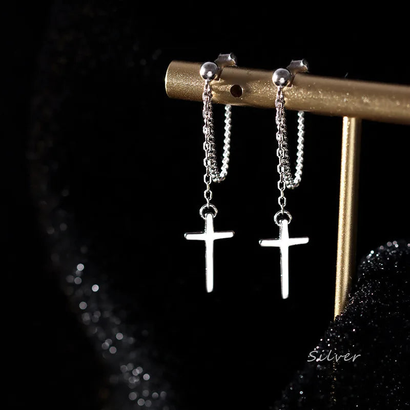 Punk Silver Cross Drop Earrings for Unisex Gothic Style - Smarsty
