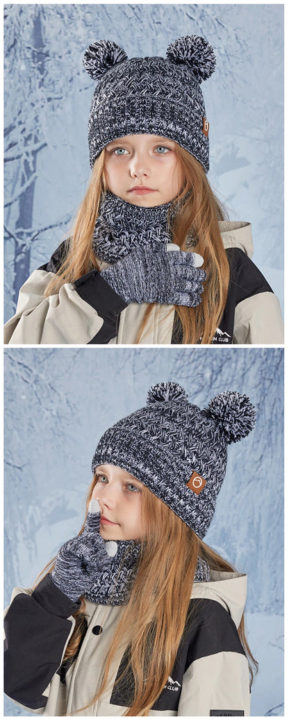 Winter Kids Hat Set Warm Beanie Scarf Gloves Pompom Fleece - Smarsty