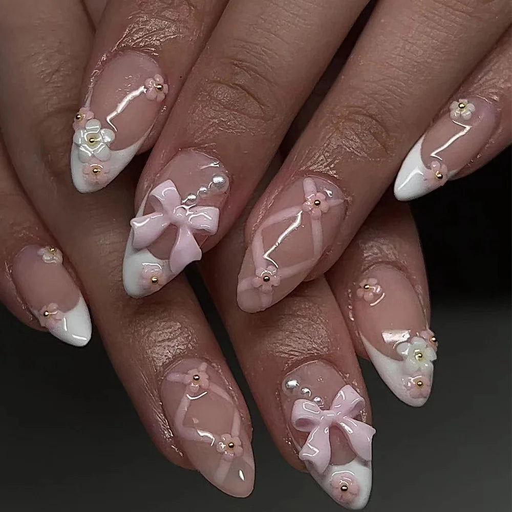 24Pcs French Fake Nails with Pink Bow Design - Smarsty