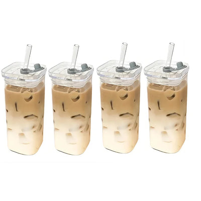 Square Heat Resistant Glass Cup With Lid And Straw - Smarsty
