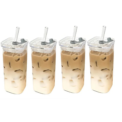 Square Heat Resistant Glass Cup With Lid And Straw - Smarsty