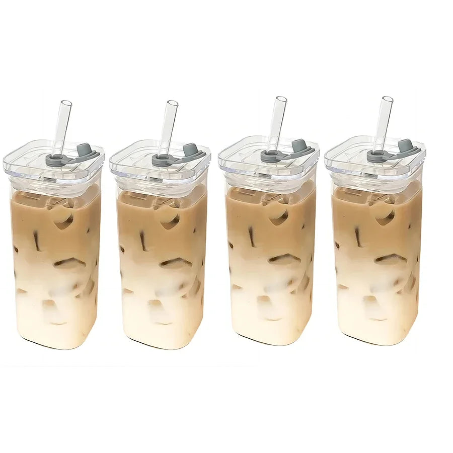 Square Heat Resistant Glass Cup With Lid And Straw - Smarsty