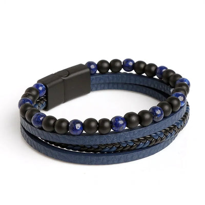 Men Leather Bracelet Multi Layer Tiger Eye Beaded Design - Smarsty