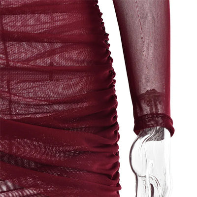 Mozision Mesh Ruched Sexy Maxi Dress For Women Fashion Zipper Patchwork See Through Long Sleeve Elegant Club Party Long Dress - Smarsty