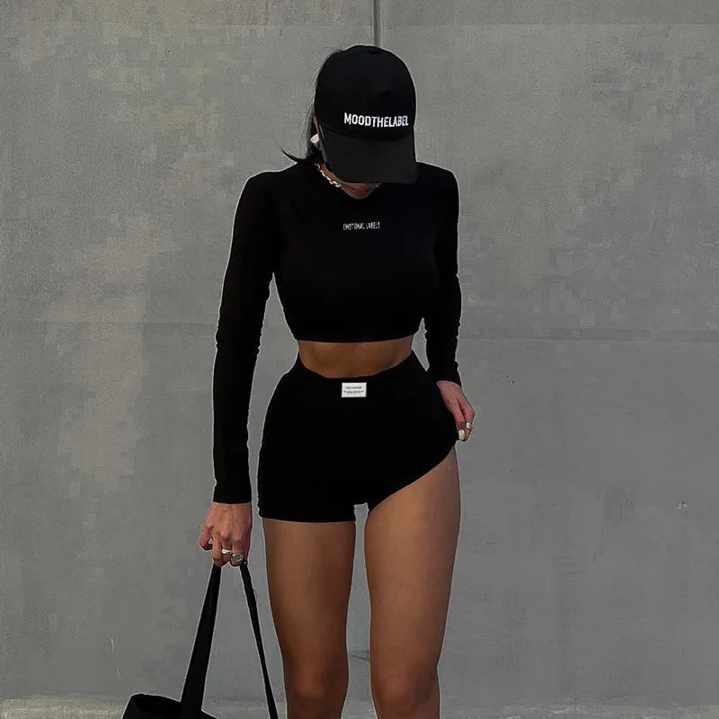 European and American Spring/Summer Round Neck Long Short sleeved 3/4 Shorts Two piece Women's Fashion Sports Versatile Set - Smarsty