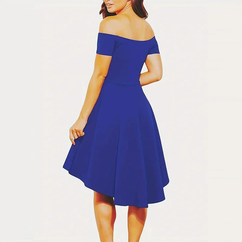 Off-Shoulder Elegance Women’s Asymmetrical Midi Dress - Solid Slim-Fit Season-Versatile Comfort Stretch - Smarsty