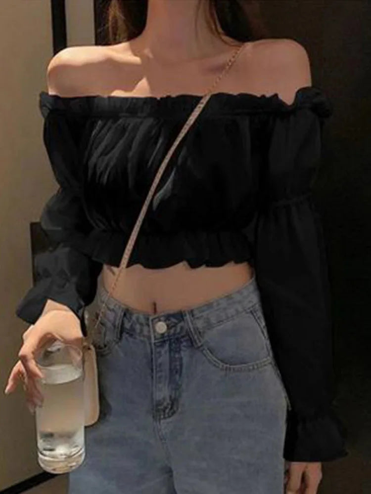 Women Top Sexy Blouse Off Shoulder Top Long Sleeve Solid Color White Shirt Puff Sleeve Ruffle Tunic Crop Top Summer Tube Top - Smarsty