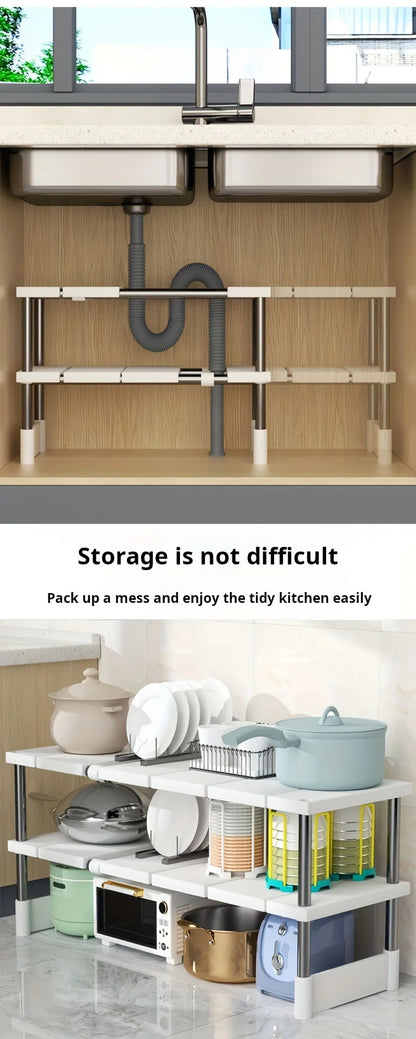 Adjustable Under Sink Storage Rack,Expandable Kitchen & Bathroom Cabinet Organizer, Durable Space-Saving Multi-Layer Pot Holder