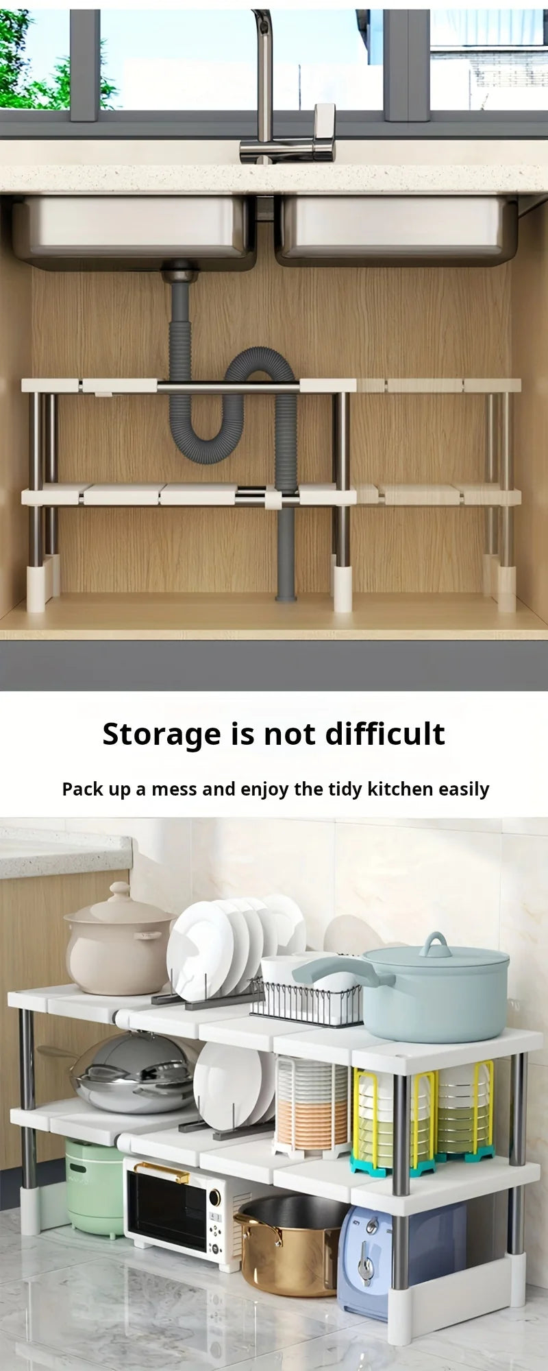 Adjustable Under Sink Storage Rack,Expandable Kitchen & Bathroom Cabinet Organizer, Durable Space-Saving Multi-Layer Pot Holder