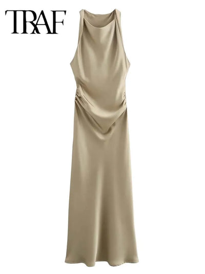 TRAF Satin Long Dresses for Women 2024 Summer Slip Midi Dress Woman Sexy Evening Party Dress Sleeveless Female Elegant Dresses - Smarsty