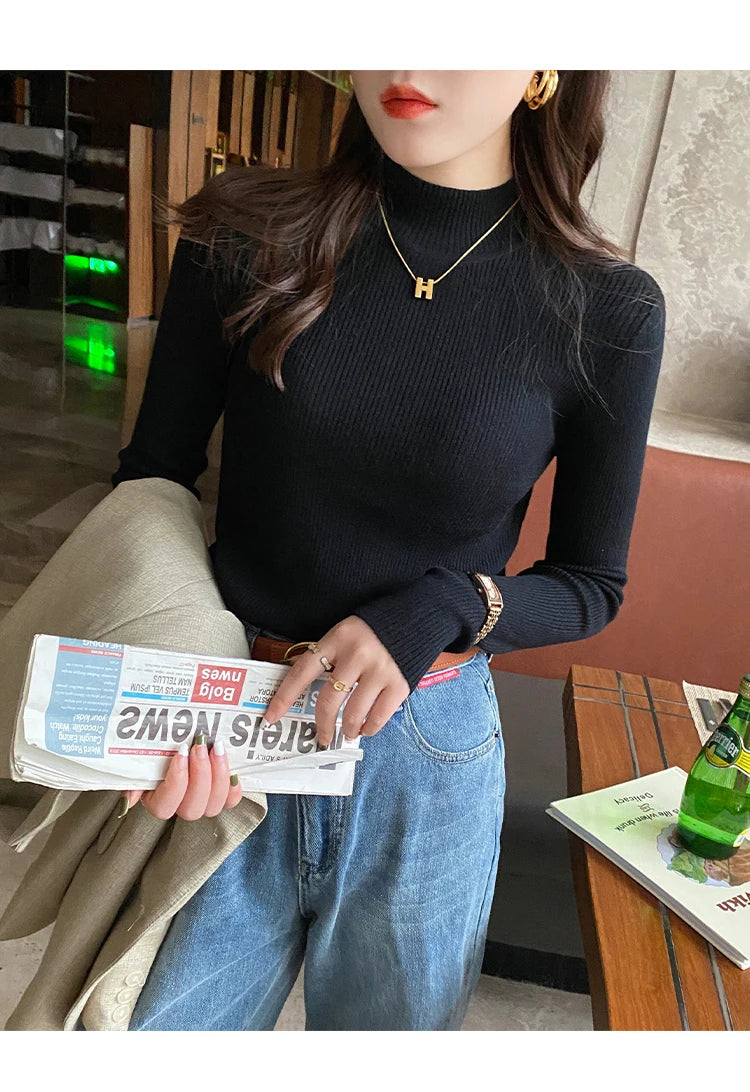 Autumn Winter Mock Neck Women Sweater Vintage Basic Solid Knitted Korean Tops Casual Slim Pullover Sweaters Simple Chic Jumpers - Smarsty