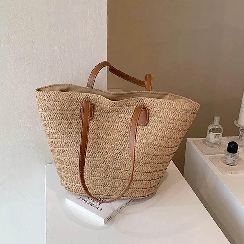 Large Capacity Straw Beach Tote Woven Shoulder Bag Summer - Smarsty