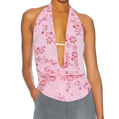 Sexy Deep V Neck Beach Tank Tops Women y2k Coquette Summer Sequins Patchwork Sleeveless Vest Vacation Backless Beach Tops - Smarsty