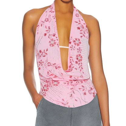 Sexy Deep V Neck Beach Tank Tops Women y2k Coquette Summer Sequins Patchwork Sleeveless Vest Vacation Backless Beach Tops