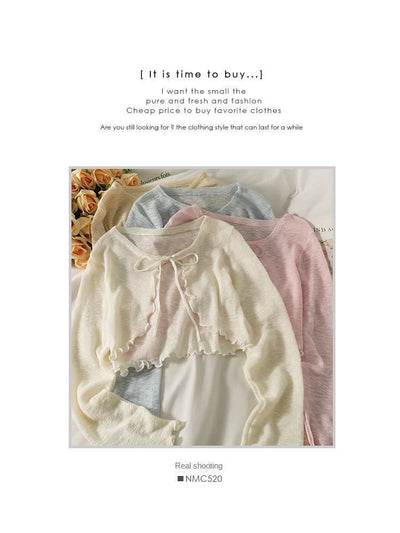 Women Frenum Cardigan Blouses and Tops Bow Lace Up Long Sleeve Crop Top Female Elegant Shirt Thin Aesthetic Clothes Korean Style - Smarsty