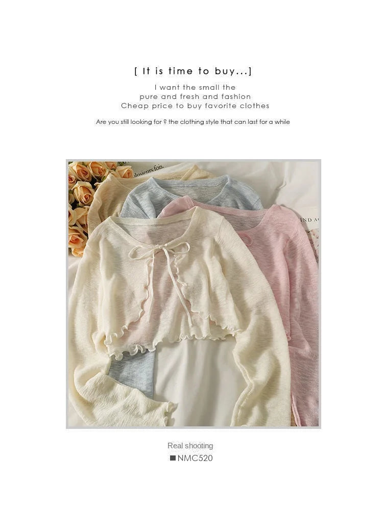 Women Frenum Cardigan Blouses and Tops Bow Lace Up Long Sleeve Crop Top Female Elegant Shirt Thin Aesthetic Clothes Korean Style - Smarsty