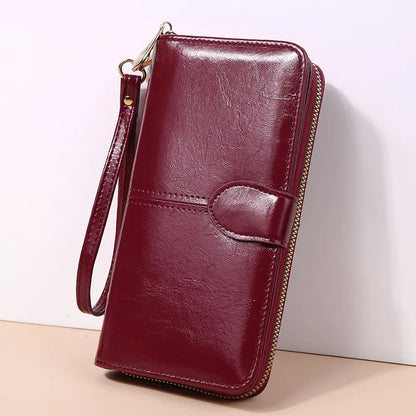 Women's Vintage Oil Wax PU Leather Clutch Wallet Female Large Capacity Phone Purse Ladies Wristband Simple Card Holder Pouch Bag - Smarsty