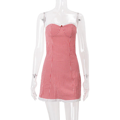 WhereMery Plaid Y2K Lace Vintage Spaghetti Strap Mini Dresses Backless Aesthetic Casual Slim Dress New Streetwear Women Vestidos - Smarsty