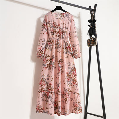 2023 Sping Summer Bohemian Women Maxi Dress Casual Long Sleeve High Waist Beach Woman Chiffon Dresses Floral Vestidoes Mujer New - Smarsty