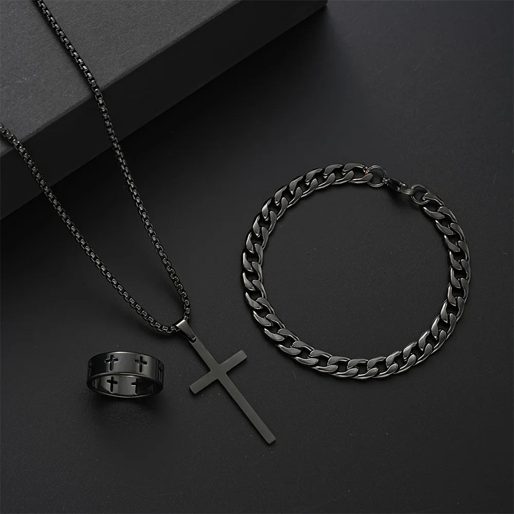 Men's Stainless Steel Cross Pendant Jewelry Set - Smarsty