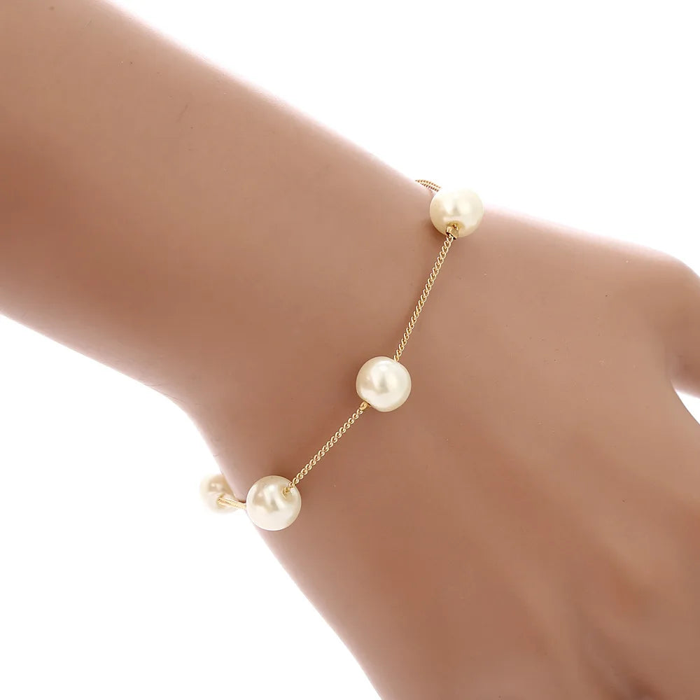 Gold Tone Necklace Earrings Bracelet Set With Tassel Pearls - Smarsty