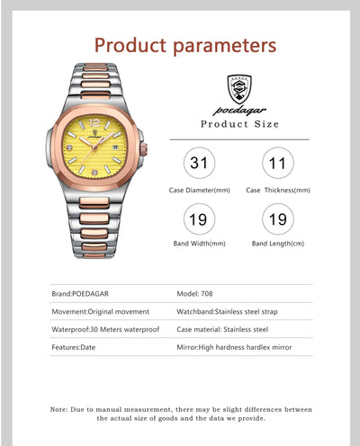 POEDAGAR Luxury Square Watch For Woman Luminous Waterproof Date Ladies Watch Elegant Women's Quartz Watches Simple Female Clock - Smarsty