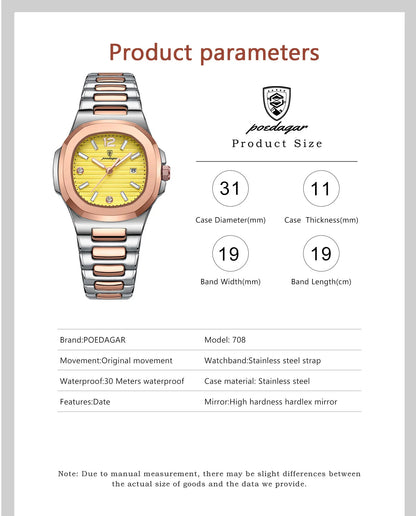 POEDAGAR Luxury Square Watch For Woman Luminous Waterproof Date Ladies Watch Elegant Women's Quartz Watches Simple Female Clock - Smarsty