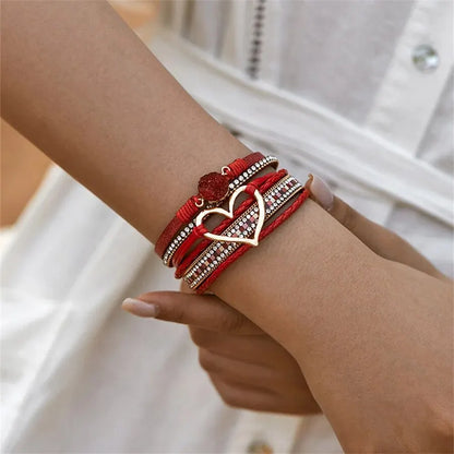 Women Leather Heart Charm Bracelet Rhinestone Wrap - Smarsty