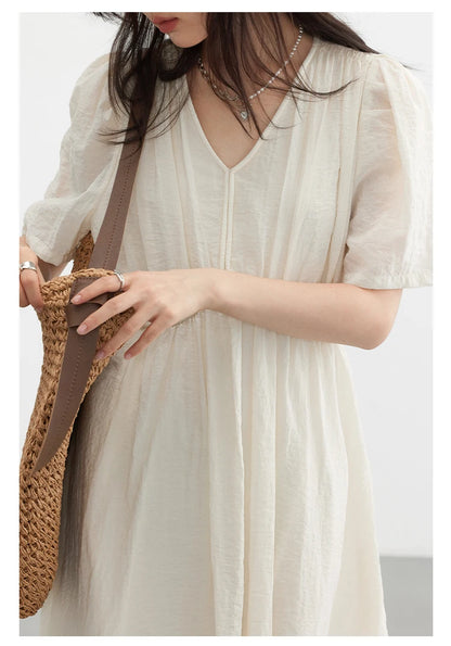 CHIC VEN Women Dresses French Style Vintage V-neck Puff Sleeve Long Dress Solid Black Loose Female Clothing Summer New 2023 - Smarsty