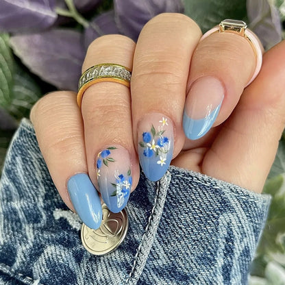 Romantic 24pcs Blue French Style Press On Nails - Smarsty
