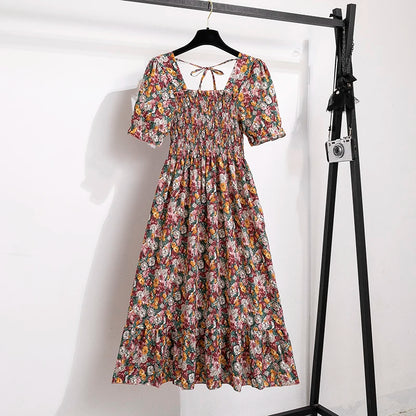Summer Pleated Women Chiffon Dresses Casual Beach Holiday Short Sleeve Square Collar Woman Midi Dress Bohemian Mujer Vestidos - Smarsty