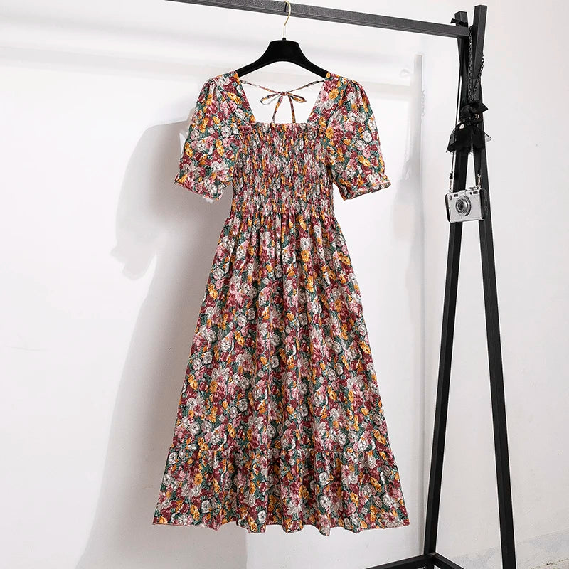 Summer Pleated Women Chiffon Dresses Casual Beach Holiday Short Sleeve Square Collar Woman Midi Dress Bohemian Mujer Vestidos - Smarsty