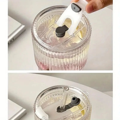 600ml Stripe Glass Cup with Lid and Straw - Smarsty