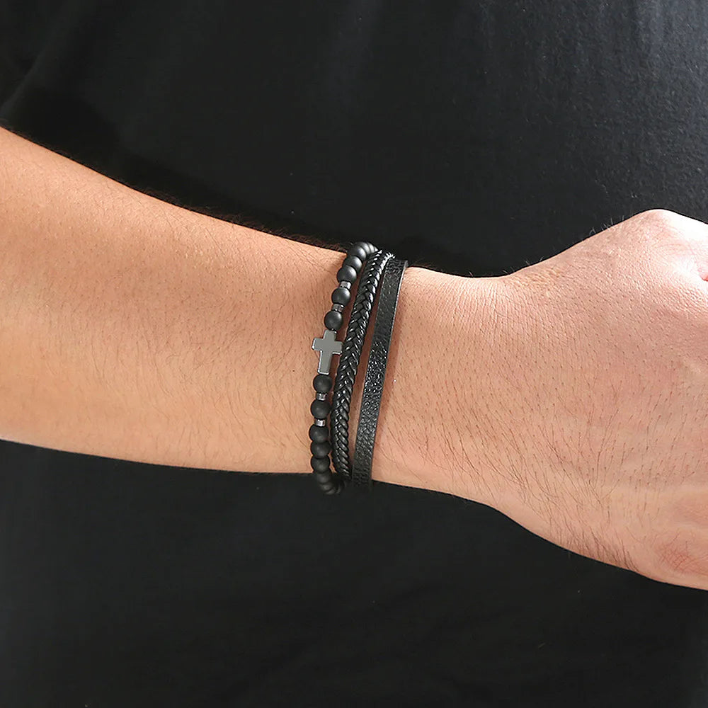 Men Leather Bracelet with Tiger Eye Beads Stylish Gift - Smarsty