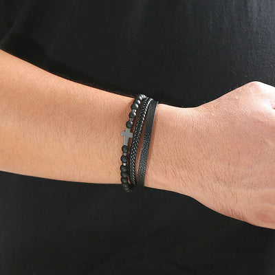 Men Leather Bracelet with Tiger Eye Beads Stylish Gift - Smarsty
