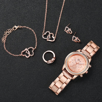 6PCS Women's Rhinestone Quartz Watch Set with Stainless Steel Band - Smarsty