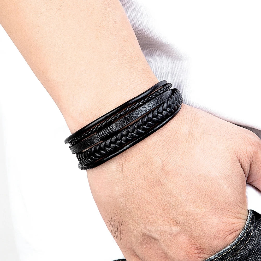Mens Leather Bracelet Magnetic Buckle Multilayer Bangles - Smarsty