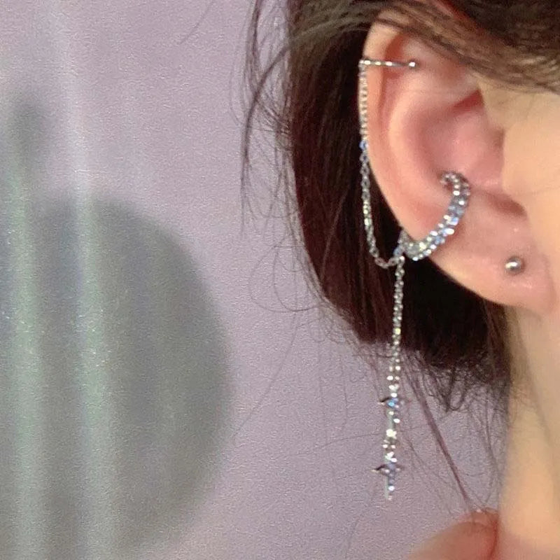 Shiny Silver Crystal Tassel Non-Piercing Ear Clip Earrings - Smarsty