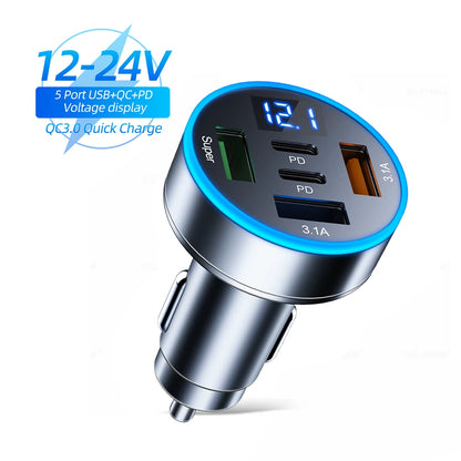 250W 5 Ports Car Charger Fast Charging PD QC3.0 USB C Car Phone Charger Adapter With Voltage For iPhone Samsung Huawei Xiaomi - Smarsty