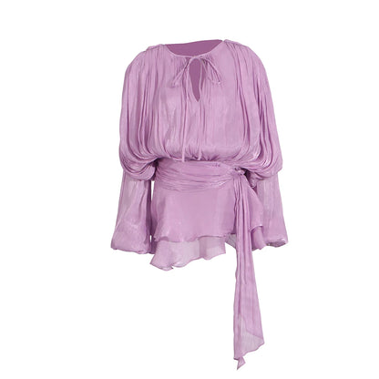 TWOTWINSTYLE Solid Patchwork Lace Up Blouse Mini Dresses For Women V Neck Long Sleeve Sweet Style Dress Female Clothing Fashion