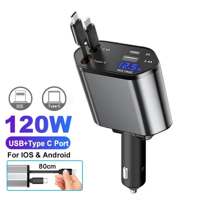 5-in-1 180W Car Fast Charger USB Type-C Power Adapter Retractable Phone Charger With Roof Starlight For IOS Android Phones - Smarsty