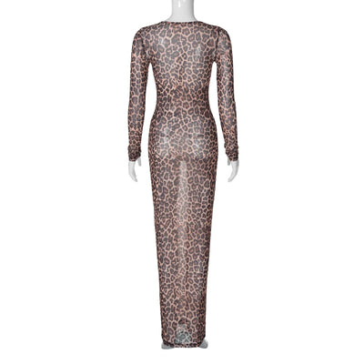 Hugcitar Leopard Print Mesh Long Sleeve Sexy Slim  See Through Maxi Dress Fall Women Fashion Outfits Beach Vacation Club - Smarsty