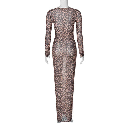 Hugcitar Leopard Print Mesh Long Sleeve Sexy Slim  See Through Maxi Dress Fall Women Fashion Outfits Beach Vacation Club