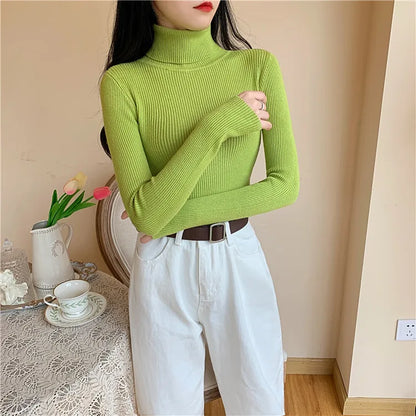 2025 Autumn Winter Women Long Sleeve Knitted Foldover Turtleneck Ribbed Pull Sweater Soft Warm Femme Jumper Pullover Clothes - Smarsty