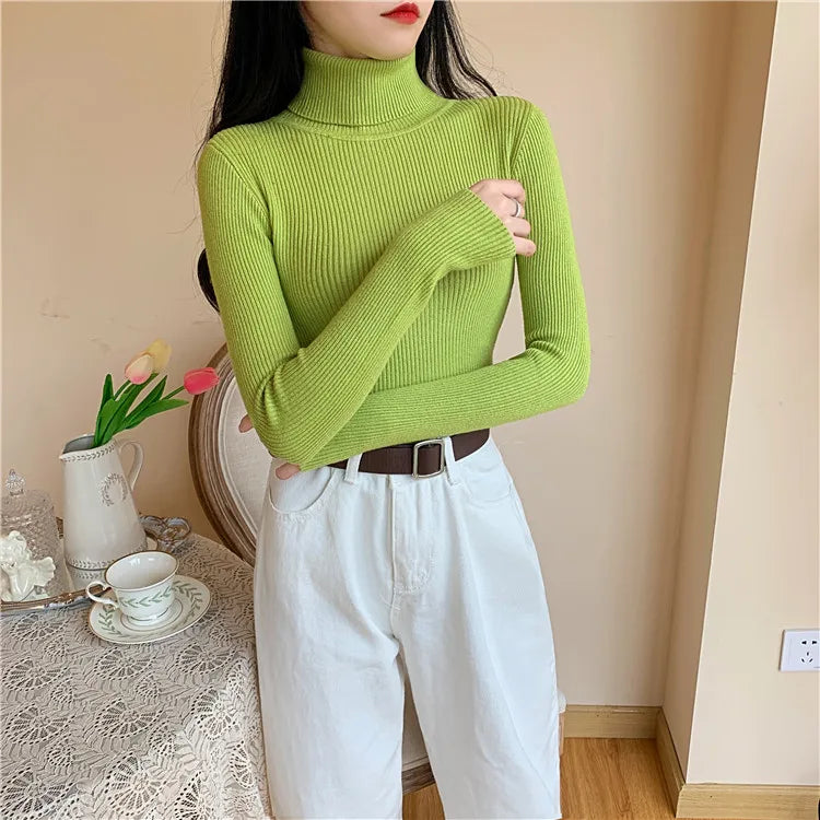 2025 Autumn Winter Women Long Sleeve Knitted Foldover Turtleneck Ribbed Pull Sweater Soft Warm Femme Jumper Pullover Clothes - Smarsty