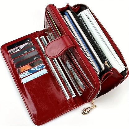 Bright and shiny wax leather long wallet that can hold multiple cards, card bags, and comes with a wristband