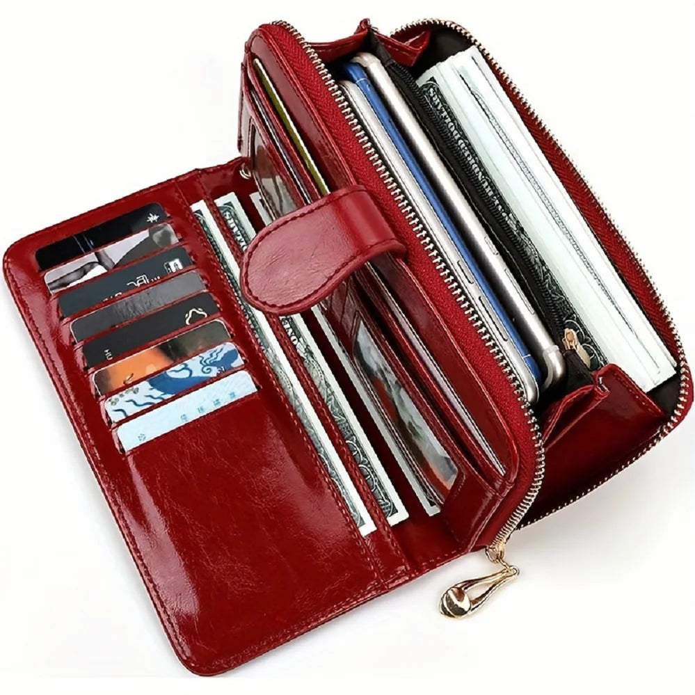 Bright and shiny wax leather long wallet that can hold multiple cards, card bags, and comes with a wristband